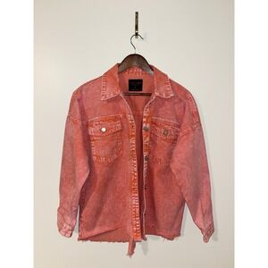 Black Label By C'est Toi Distressed Denim Button Down Jacket Raw Hem | Large